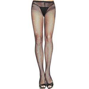 Leg Avenue Black Fishnet Pantyhose with Rhinestones – One Size